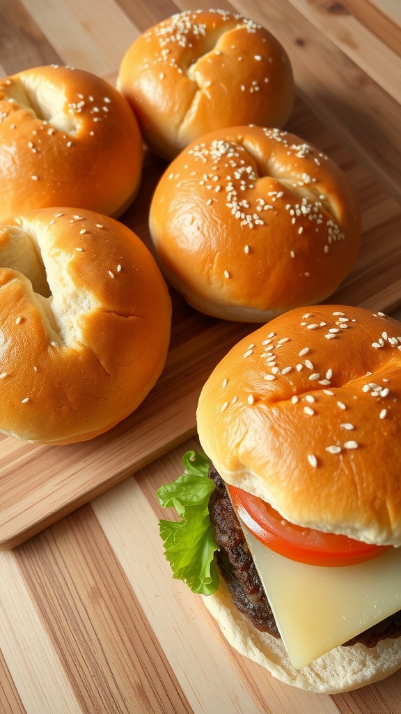Golden brown homemade burger buns on a cutting board with a burger patty and fresh toppings.